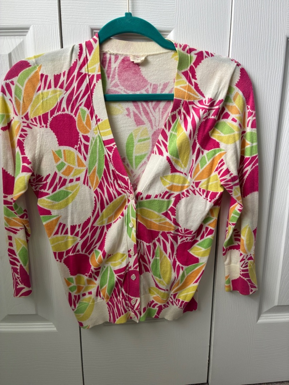 J. Crew Cream Cardigan with Pink, Green & Yellow Leaf Print